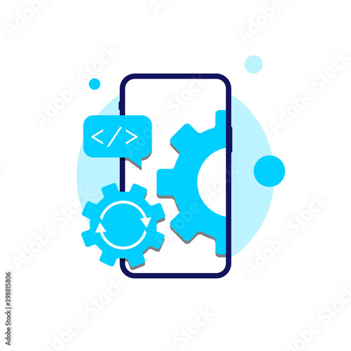 404 error page, system under maintenance, app upgrade or update on mobile phone or smartphone concept illustration flat design vector eps10
