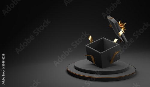 Black gift open box with golden bow on black background 3D Rendering