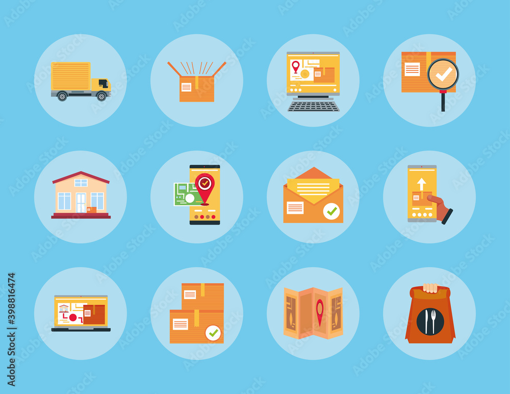 delivery service logistic courier worker box food and transport round blue icons set delivery service logistic courier worker box food and transport round blue icons set