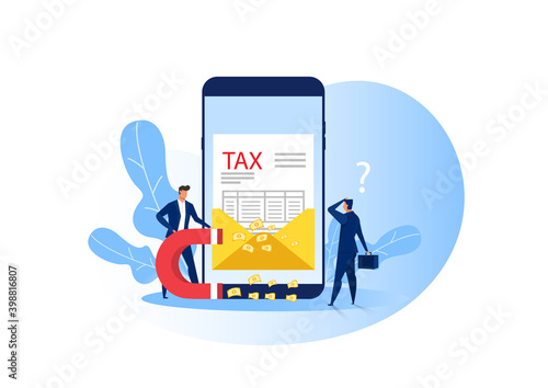 Man inspector  magnet attracting money for tax  from a wallet of businessman
