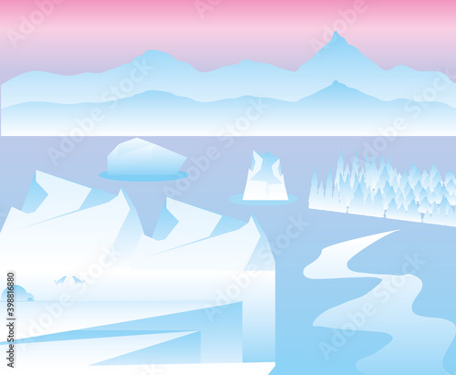 winter arctic landscape with iceberg, sea and mountains