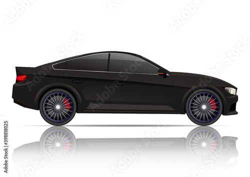 Realistic black coupe car side view.