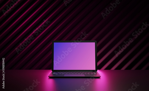 Laptop computer with row pink lighting and blank screen place on dark background. 3D illustration image.
