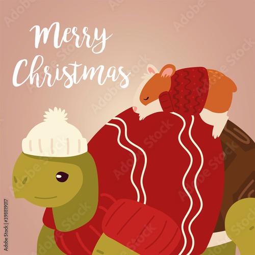 merry christmas greeting card with turtle hamster with sweater and hat