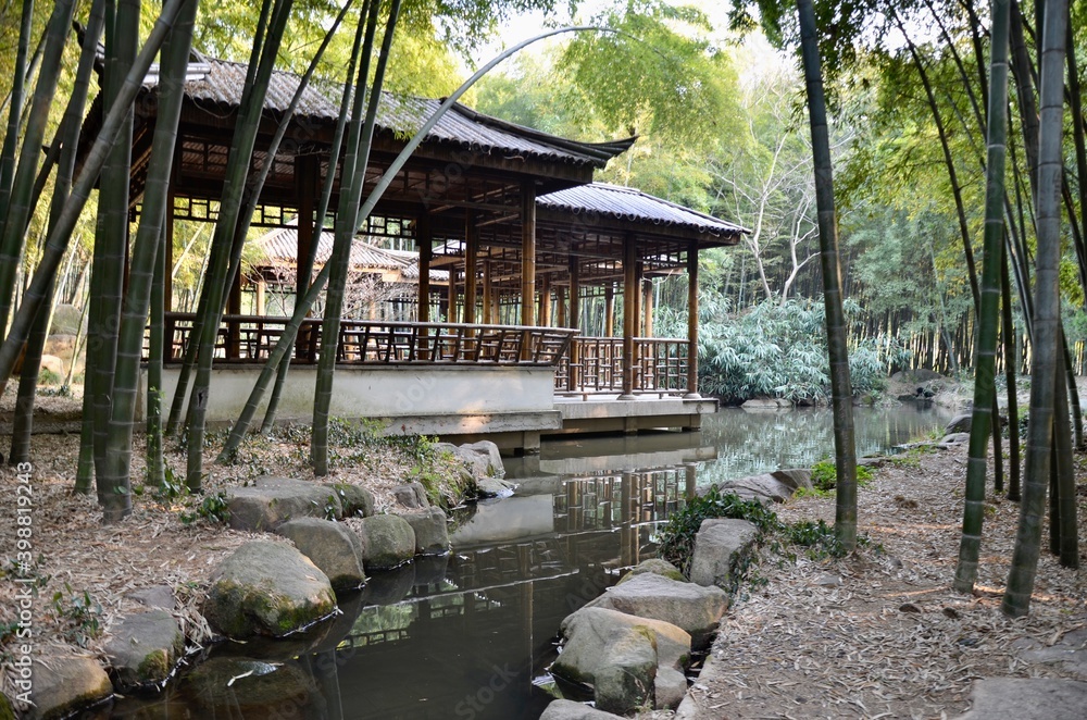 Obraz premium Wooden shelter in bamboo forest next to a stream. Suzhou, China.