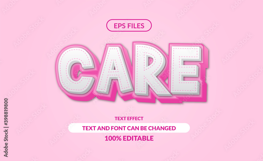 care 3d editable text effect. eps vector file. pink soft pastel with sewing effect for kids, baby, or children care 3d editable text effect. eps vector file. pink soft pastel with sewing effect for kids, baby, or children