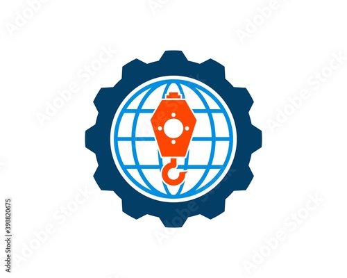 Gear with abstract globe and crane inside