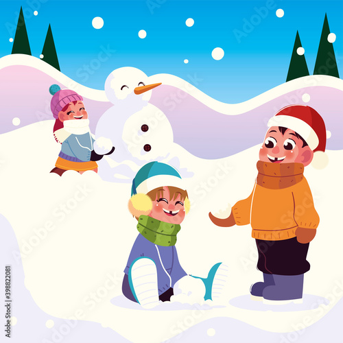 cheerful group girls and boys playing with snow