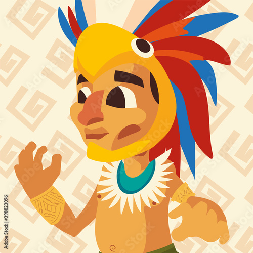 aztec warrior with parrot headgear in tribal background