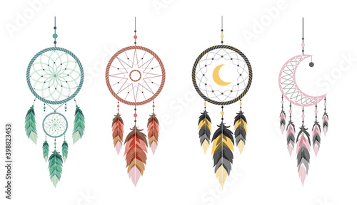 Dream catcher with moon and feathers. Set of hand drawn indian talisman. Ethnic bohemian design element. Vector hipster illustration isolated on white background. Flat boho style.
