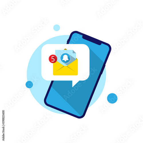 new email notification on mobile phone device or smartphone concept illustration flat design vector eps10. graphic element for app or website ui ux