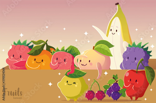 Fototapeta Naklejka Na Ścianę i Meble -  fruits kawaii funny face apple banana cherry grapes strawberry lemon peach