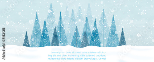 Landscape winter and heavy snow falling with pine forest and example texts on foggy and light blue background