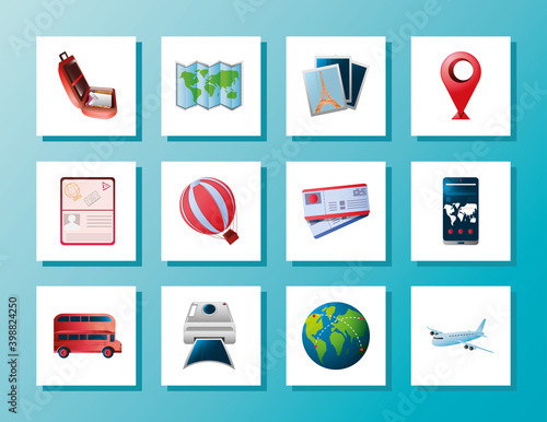 travel vacation and tourism icons suitcase map bus photo tickets