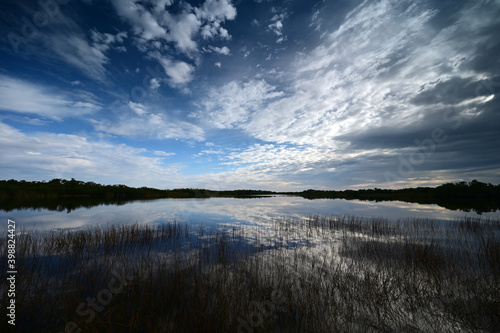 Sunrise cloudscape reflected on tranquil water of Nine Mile Pond in Everglades National Park  Florida.