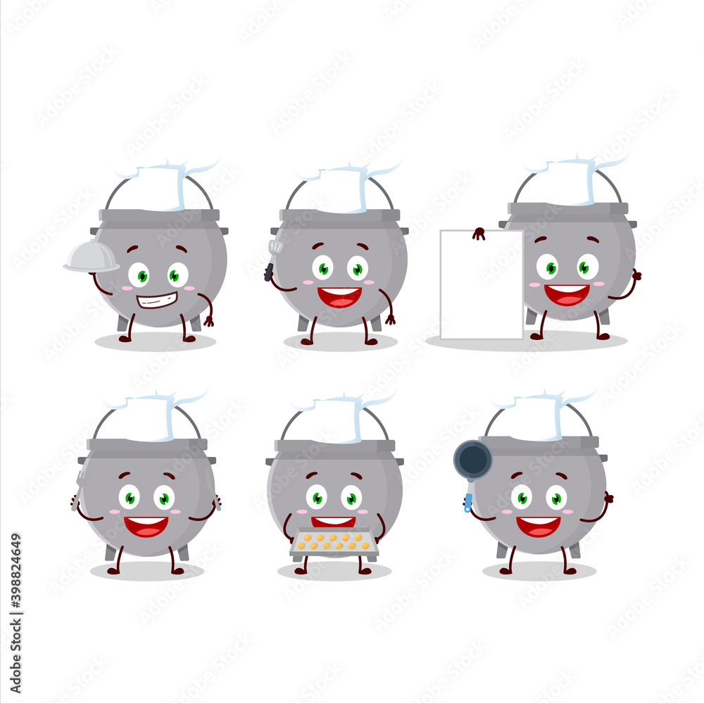 Cartoon character of cauldron bottle with various chef emoticons