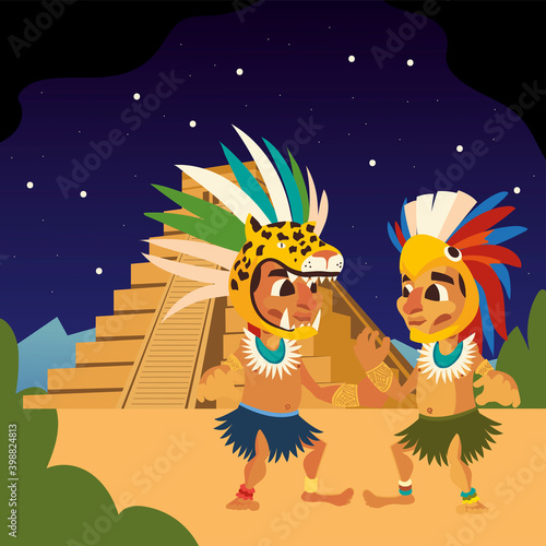 aztec warriors with feathered headdress and pyramid night scene