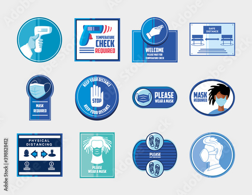 prevention of covid 19, safety measures and precautions warning signs, set icons