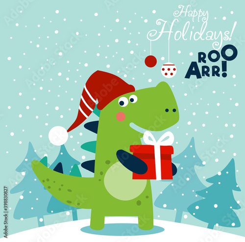 Cute winter holiday illustration with funny dinosaur. Christmas and Happy Holidays vector card
