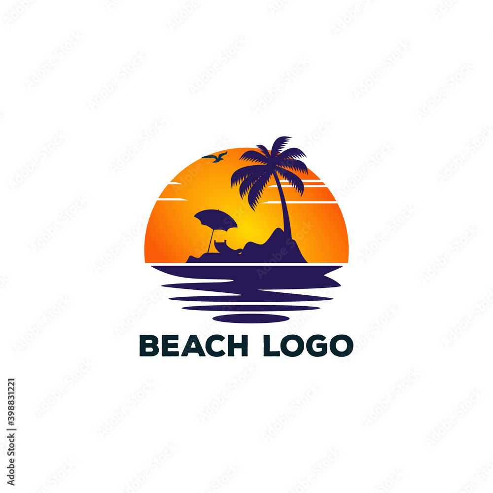 Palm Beach Logo Template, Water ocean waves with sun, palm tree and beach,