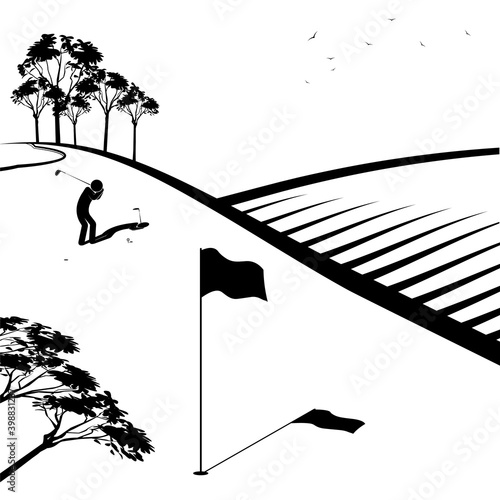 stick figere, player golfer swings his club to hit golf ball on tee. Active lifestyle outdoors. Vector