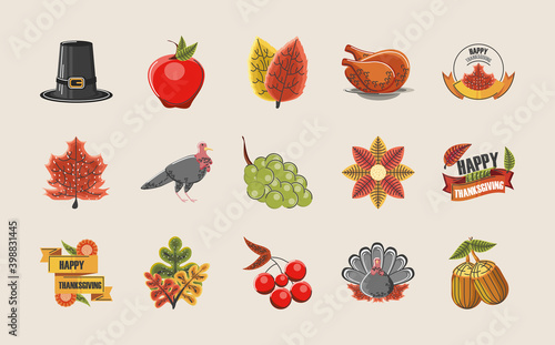 happy thanksgiving collection icons pilgrim hat apple leaf turkey fruits