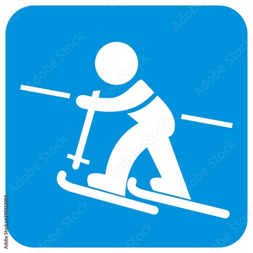 Children's ski lift, vector icon, white silhouette of little skier at blue frame