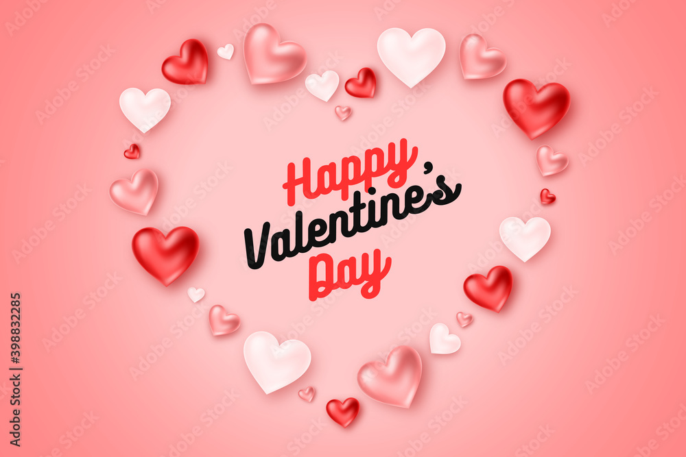 Happy Valentine's Day. Romantic realistic composition with hearts and lettering on pink background. For design of greeting card, invitation, ads, banner, poster