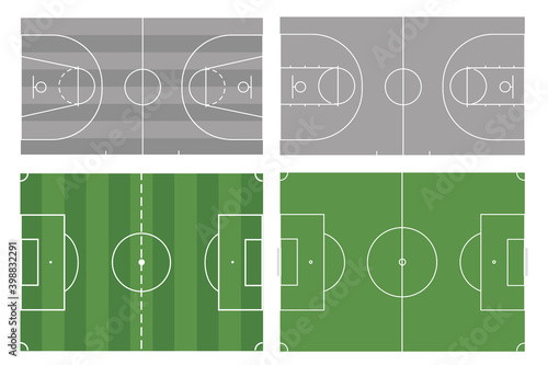 Football and basketball field on an isolated white background. A set of fields for the game. For website and application design. Competitive play on the court with the ball. vector stock illustration.
