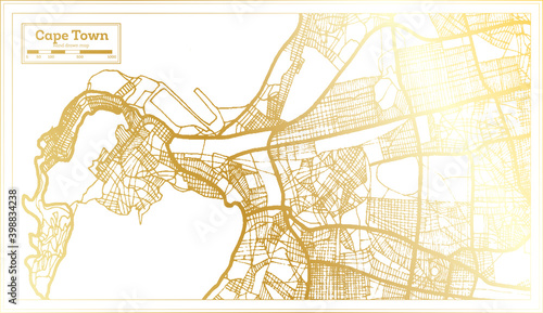 Cape Town South Africa City Map in Retro Style in Golden Color. Outline Map.