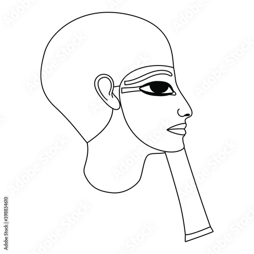 Portrait of ancient Egyptian man. Head of God Ptah. Pharaoh with fake beard in profile. Black and white linear silhouette.