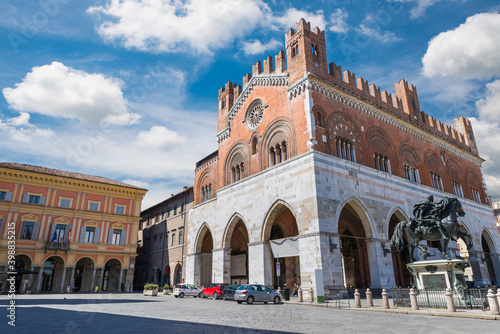 Piacenza, medieval city, Italy. Old Town with piazza Cavalli (square horses), palazzo Gotico (gothic palace - XIII century) and the town hall. Padan Plain and the Emilia Romagna region