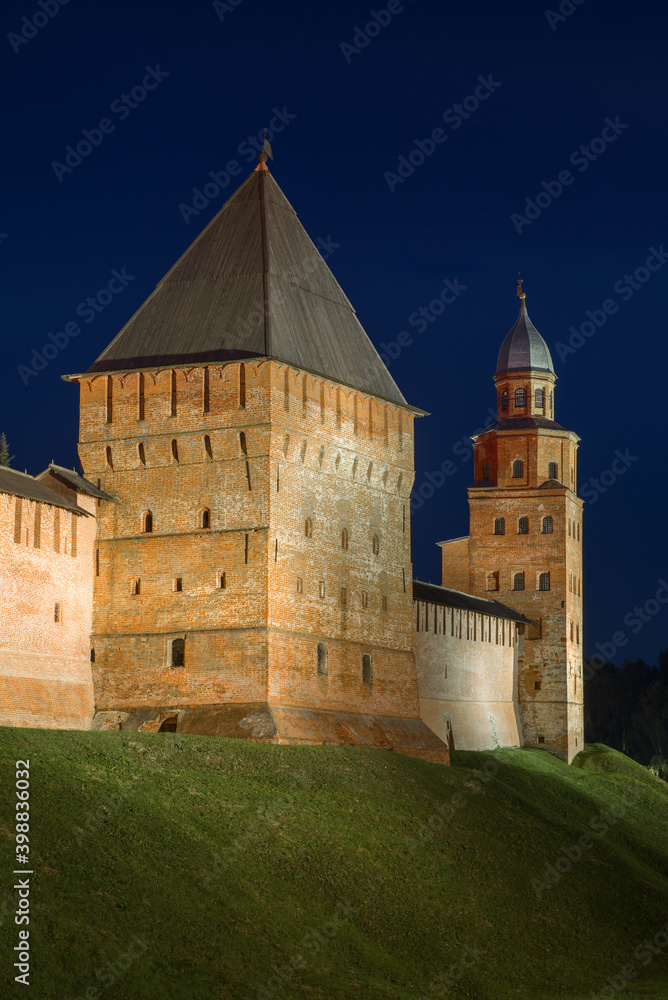 Pokrovskaya Tower and Kokuy Tower on July night. Detinets of Veliky Novgorod