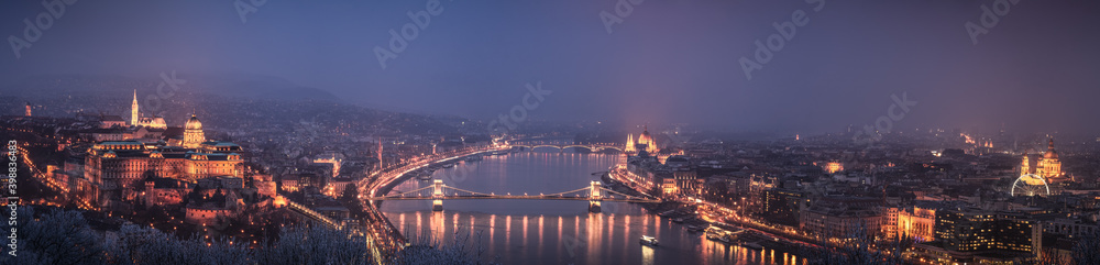 Panorama of Budapest at dusk with  light colour profile