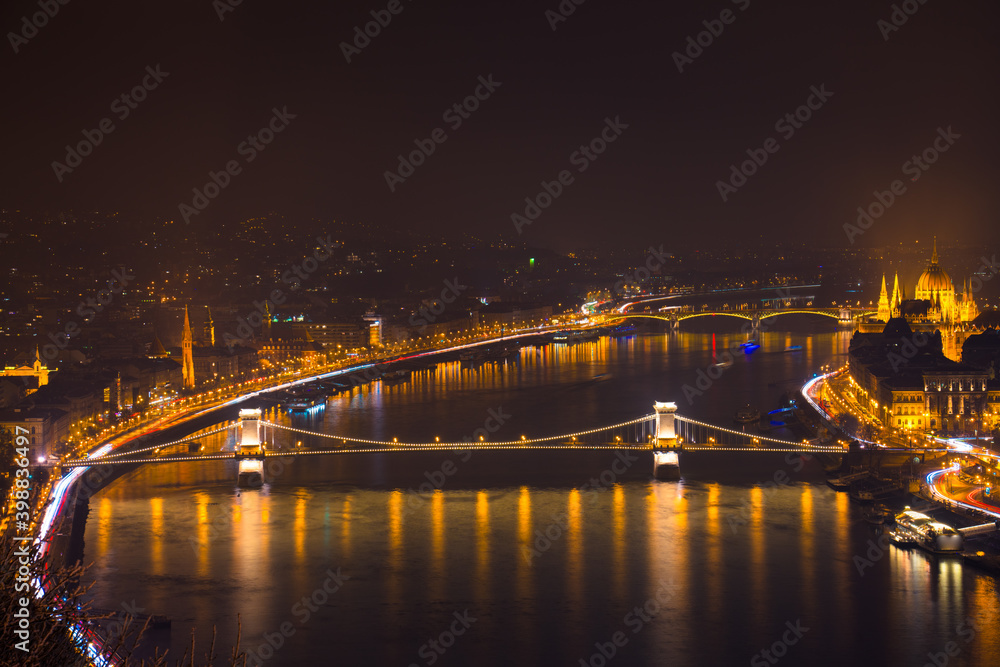Chain bridge illuminated at night in Budapest. Hungary 