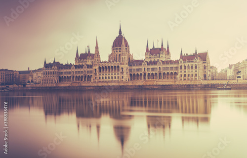 Hungarian Parliament at sunrise in Budapest. Long Exposure 