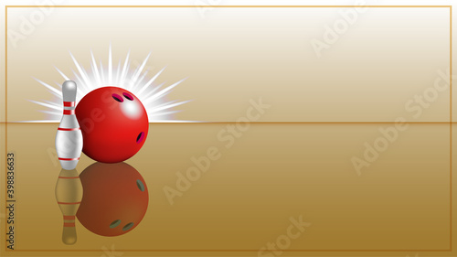 Bowling sport poster. Ball and skittle with reflection and glow in the frame. EPS10