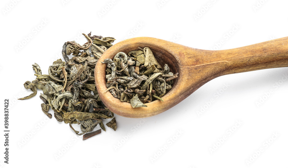Fototapeta premium Wooden spoon with dry tea on white background