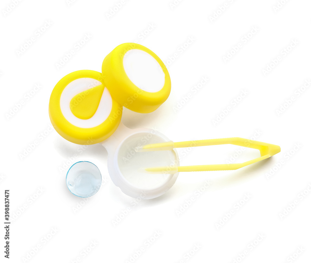 Container with contact lenses and tweezers on white background Container with contact lenses and tweezers on white background