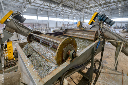 Fotografie Line for washing shredded PET plastic.
