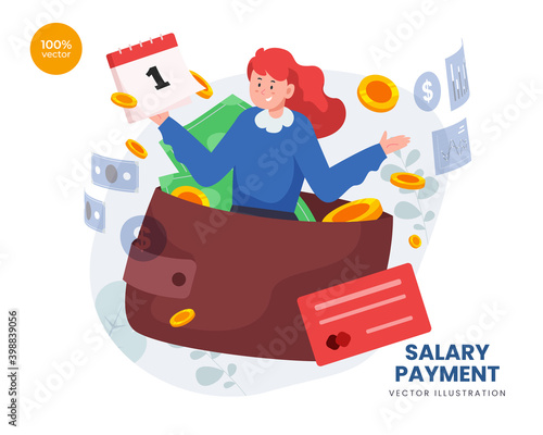 Salary Payment vector Illustration idea concept for landing page template, employee or workers are happy receive a monthly salary,  people calculating money, active  income. Flat Styles