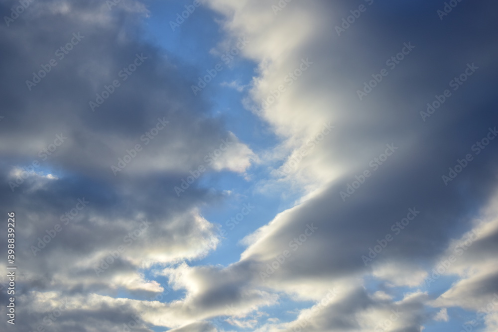 Blue sky with clouds of different shades.