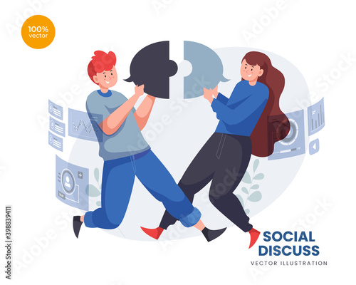 Discuss of social vector Illustration idea concept for landing page template, talking bubble persons concept. Online Expressing thoughts verbal. dialog communication abstract ide. Flat Styles