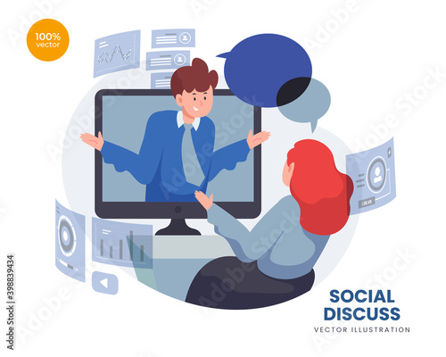 Discuss of social vector Illustration idea concept for landing page template, talking bubble persons concept. Online Expressing thoughts verbal. dialog communication abstract ide. Flat Styles