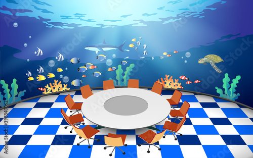 table and chairs in the aquarium in the hall