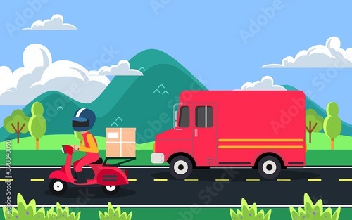 delivery motorcycle and truck derivery on the road with landscape of mountain backgrond © เอกชัย โททับไทย