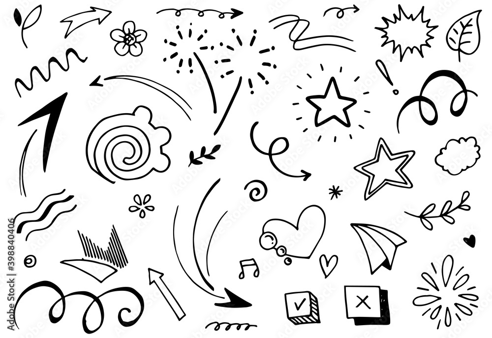 Hand drawn set elements, Abstract arrows, ribbons, fireworks, hearts, lightning,love , leaf, stars, crowns and other elements in a hand drawn style for concept designs. Scribble illustration. Hand drawn set elements, Abstract arrows, ribbons, fireworks, hearts, lightning,love , leaf, stars, crowns and other elements in a hand drawn style for concept designs. Scribble illustration.