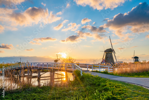 Traditional dutch windmil of Kinderdjik at sunset. Netherlands