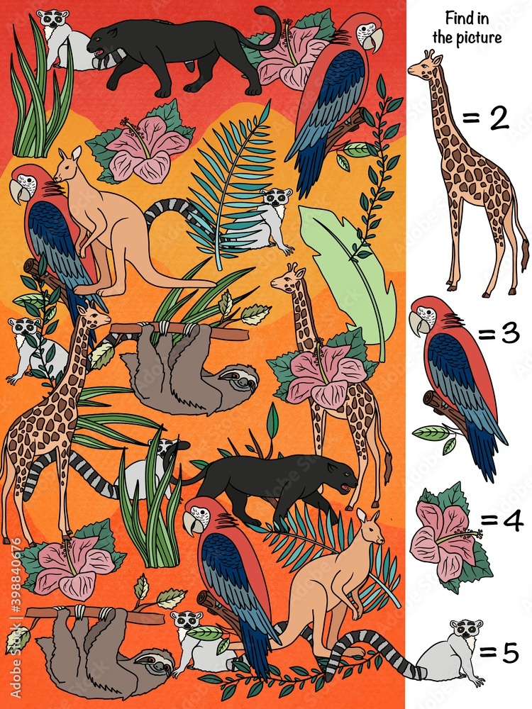 Find in the picture. Logical game. Learning to count. Animals Stock ...