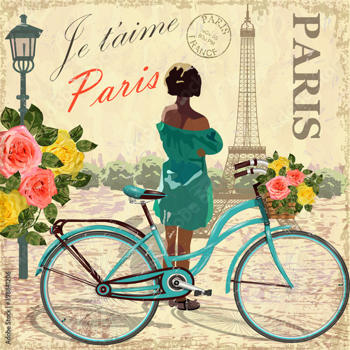 Paris vintage poster roses,girl and bicycle.